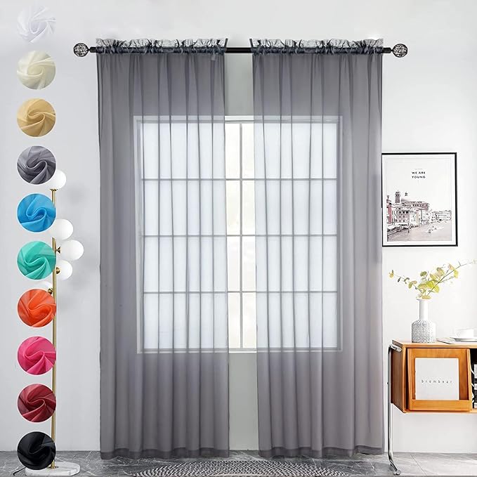 youleyar Solid Sheer Rod Pocket Curtain Voile Draperies 2 Panels White Beige Black Grey Coffee 60 Inch Width 72 Inch Long 1 Pair for Kitchen Bedroom Children Living Room Yard(Grey,60Wｘ72L)
