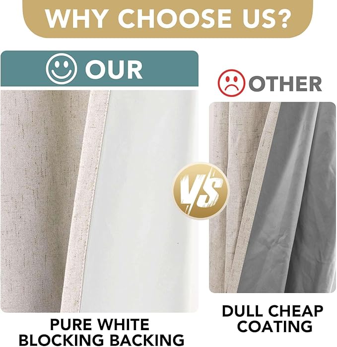H.VERSAILTEX 72 inch Blackout Curtains, 100% Absolutely Blackout Thermal Insulated Textured Linen Look Curtain Draperies Anti-Rust Grommet Linen Curtains Blackout, 2 Panels, Natural
