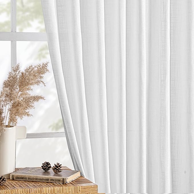 MIULEE White Linen Curtains 80 Inch Length 2 Panels for Bedroom Living Room, Soft Thick Linen Textured Back Tab Window Drapes Semi Sheer Light Filtering Rod Pocket Modern Farmhouse Decor