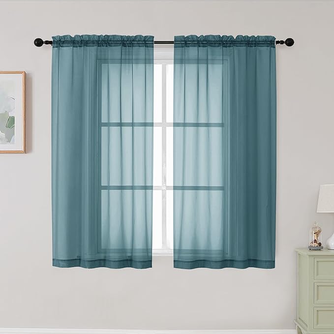 Dusty Blue Sheer Curtains for Bedroom Living Room 45 Inch Length 2 Panels, Soft Light Filtering Small Kitchen Window Curtains, Rod Pocket Short Curtain Drapes, Dusty Blue, 42" Wx45 L Inches