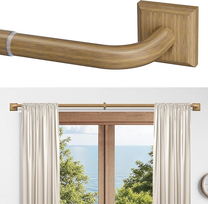 Boho Wood Grain Curtain Rods for Windows 66-184 Inch(5.5-15.3ft) Heavy Duty Wrap Around Blackout Curtain Rods, Adjustable Room Darkening Drapery Rod for Bedroom, Living Room & Outdoor, Stainless Steel
