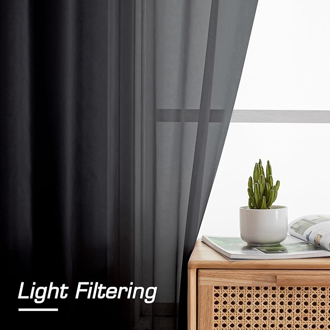 Simplebrand Black Sheer Curtains 90 Inches Long, Light Filtering Rod Pocket Solid Color Window Sheer Curtain Panels, Elegant Curtains & Drapes for Living Room, Bedroom 2 Panels (Black, 42" W x 90" L)