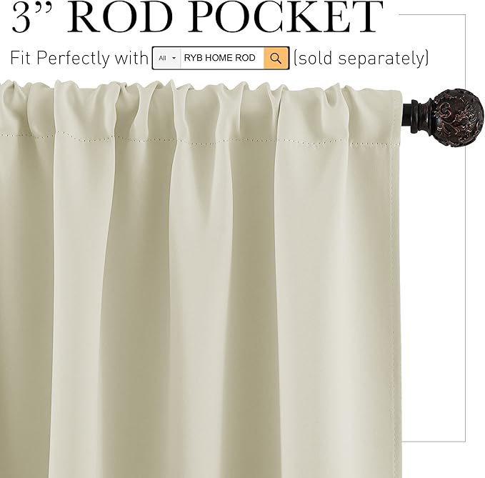 RYB HOME French Door Window Curtain Covering, Rod Pocket Thermal Insulated Privacy Non See Through Drapes for Bathroom Window, Width 29 by Length 45, Beige, 2 Panels