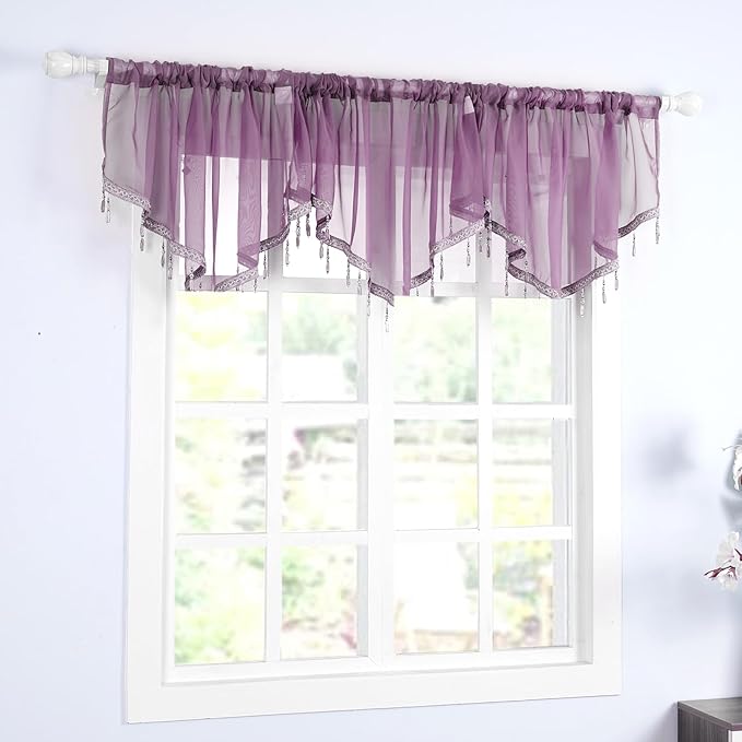 Molaxhome Swag Curtain 51 inch Length Rod Pocket Scalloped Curtain Valance Sheer Lace Panels with Hanging Crystal Beads for Kitchen Bedroom Window Treatments Drape Decor 1pc (Modena, 51Wx23L)