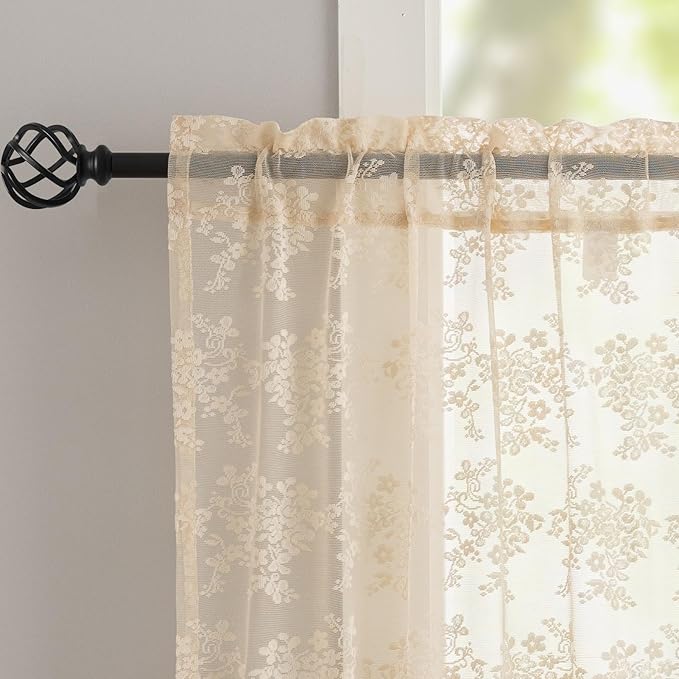 YJ YANJUN Vintage Lace Curtains 24 inch Length 2 Panles Short Sheer Cafe Curtains for Windows, Light Filtering, Half Window Curtain for Laundry Room Basement Bathroom KIitchen Cabinets 26 x24 Inches