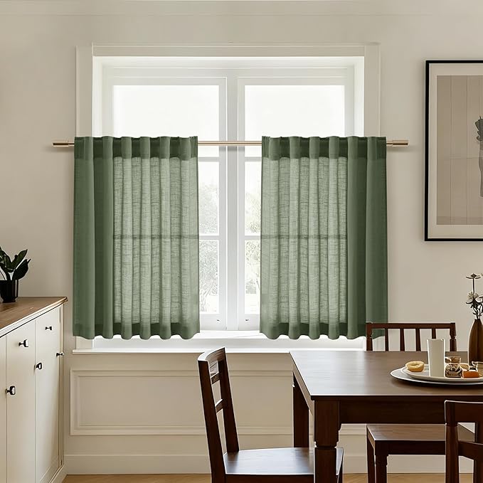 Nanspring Olive Green Linen Curtains 30 Inch Length Short Kitchen, Semi Sheer Boho Cafe Curtains Back Tab and Rod Pocket Basement Drapes for Half Window 30 x 30 Inch,2 Panels