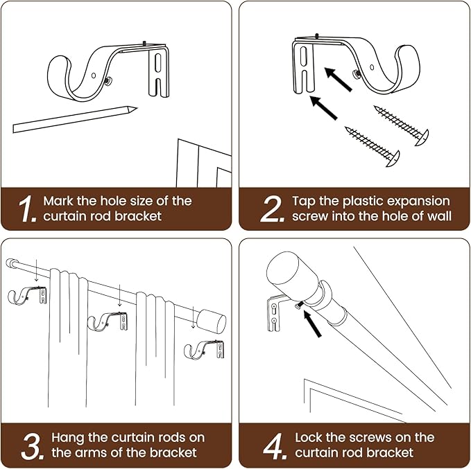 2 PACK 1” Diameter brown curtain rod Itself is 30 to 144 inch. 1 Pack Fits 30-142 inch, 66 to 120 inch Windows with Heavy Duty Adjustable brown curtain rods Splicing Metal Extra Long Curtain Rod