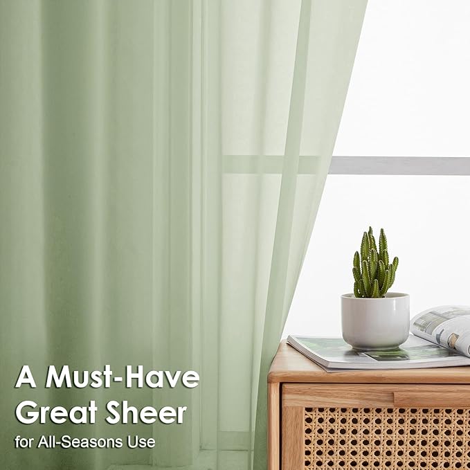OVZME Light Green Sheer Curtains 54 Inches Long 2 Panels - Soft Light Filtering Window Sheer Panels for Living Room/Bedroom, Top Dual Rod Pocket, 1 Pair, Each 42Wx54L Inches