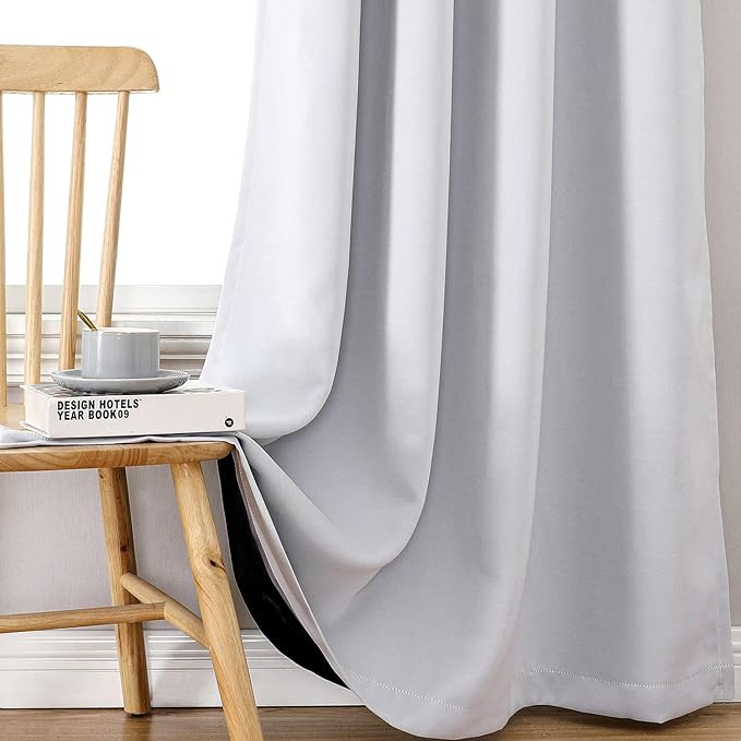 ChrisDowa 100% Blackout Curtains 102 inch Long for Bedroom with Black Liner, 2 Thick Layers Total Blackout Thermal Insulated Grommet Window Curtains 2 Panels Set (Greyish White, 52 x 102 Inch)