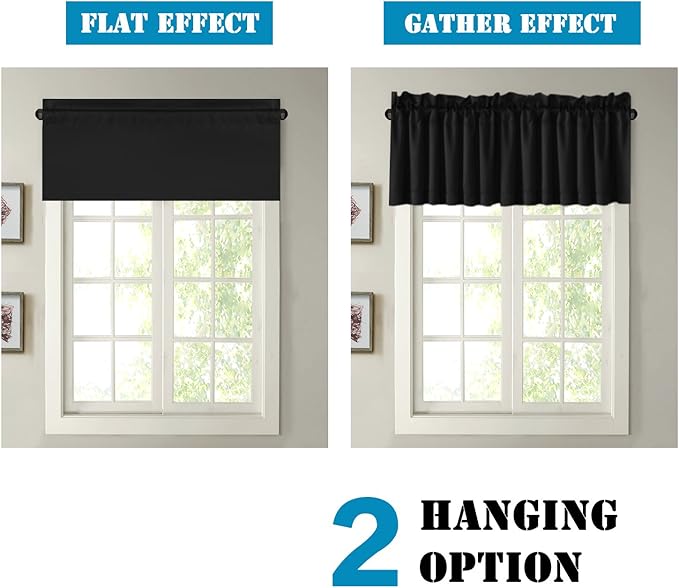 H.VERSAILTEX Blackout Valances for Windows,Black Kitchen Valance Curtains for Living Room/Bedroom/Bathroom/Basement Privacy Rod Pocket, 4 Panels 52" W x 18,Black