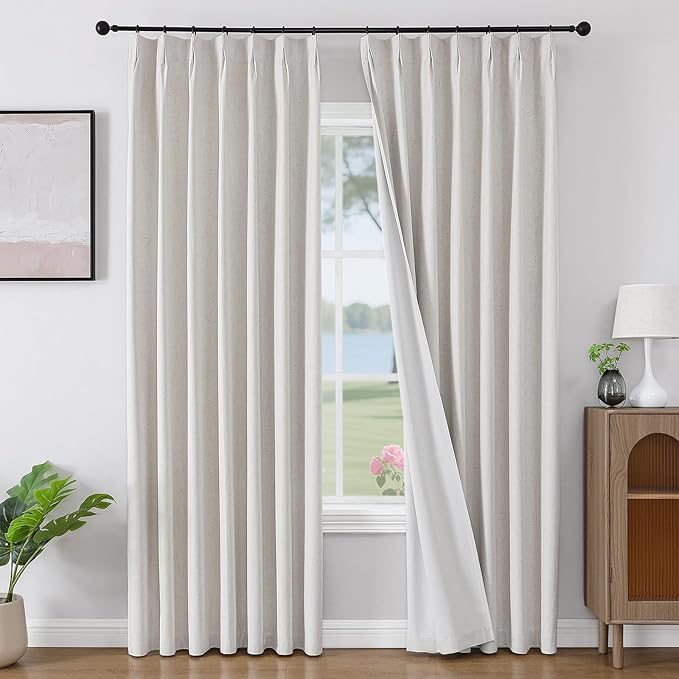 Joydeco Pinch Pleated Linen Curtains for Living Room, 100% Blackout Darkening Curtains 72 inches Length 2 Panel Thermal Insulated Pinch Pleat Drapes(Ivory,40'' Wx72'' L)