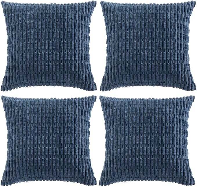 Fancy Homi 4 Packs Dusty Blue Decorative Throw Pillow Covers 24x24 Inch for Living Room Couch Bed Sofa, Rustic Farmhouse Boho Home Decor, Soft Plush Striped Corduroy Square Cushion Case 60x60 cm