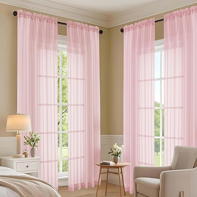 OVZME Blush Pink Sheer Curtains 72 Inches Long 2 Panels Set, Light Filtering Sheer Curtains for Living Room Bedroom 59 Inch Extra Wide, Modern Voile Filmy Rod Pocket Window Drapes, 59Wx72L Inches
