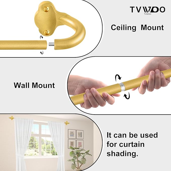 TVWOO Gold Wrap Around Curtain Rods:5/8" Small Blackout Adjustable Window Curtain Rod for Bedroom Kitchen Apartment Renter Friendly,Room Darkening Curved Drapery Rods Easy Install,Brass Golden 28-60"