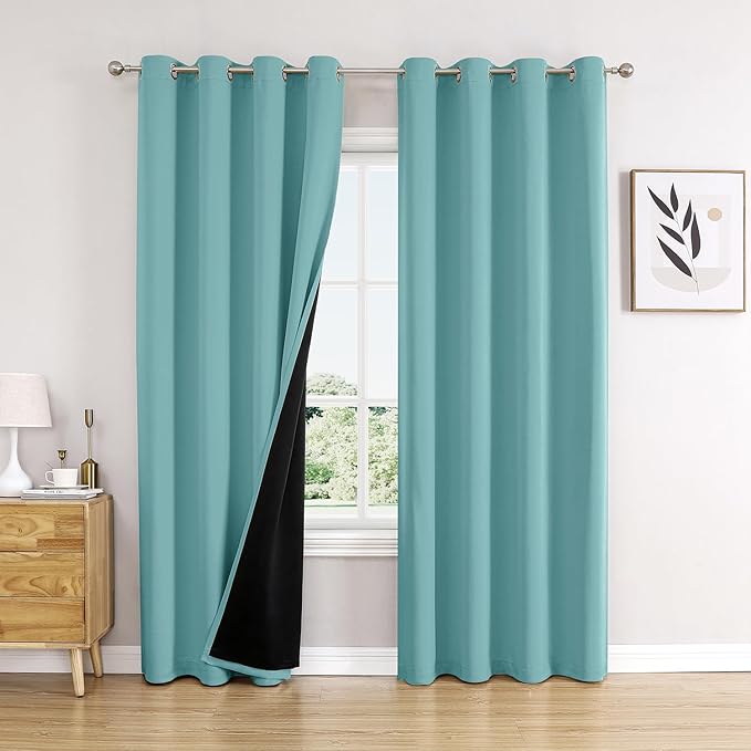 ChrisDowa 100% Blackout Curtains 95 inch Long for Bedroom with Black Liner, 2 Thick Layers Total Blackout Thermal Insulated Grommet Window Curtains 2 Panels Set (Aqua, 52 x 95 Inch)