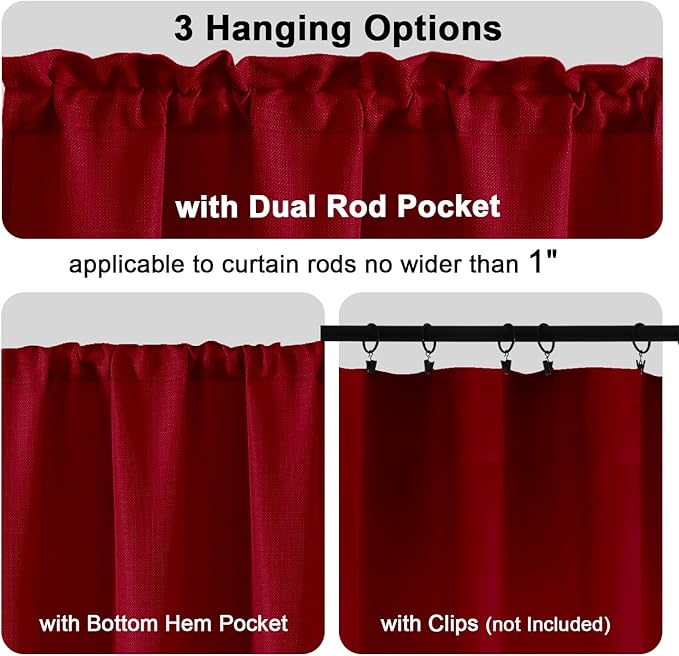 Chyhomenyc Red Short Curtain Valance for Windows, Faux Linen Textured Half Window Curtains, Burlap Solid Topper Small Curtain Valance for Bathroom Laundry Basement, 60Wx18L Inch, 1 Piece