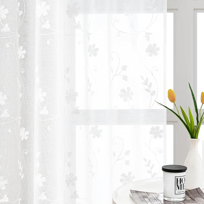 HOMEIDEAS White Sheer Curtains 63 Inch Length 2 Panels White Embroidered Floral Pattern Semi Sheer Window Curtains for Bedroom Living Room