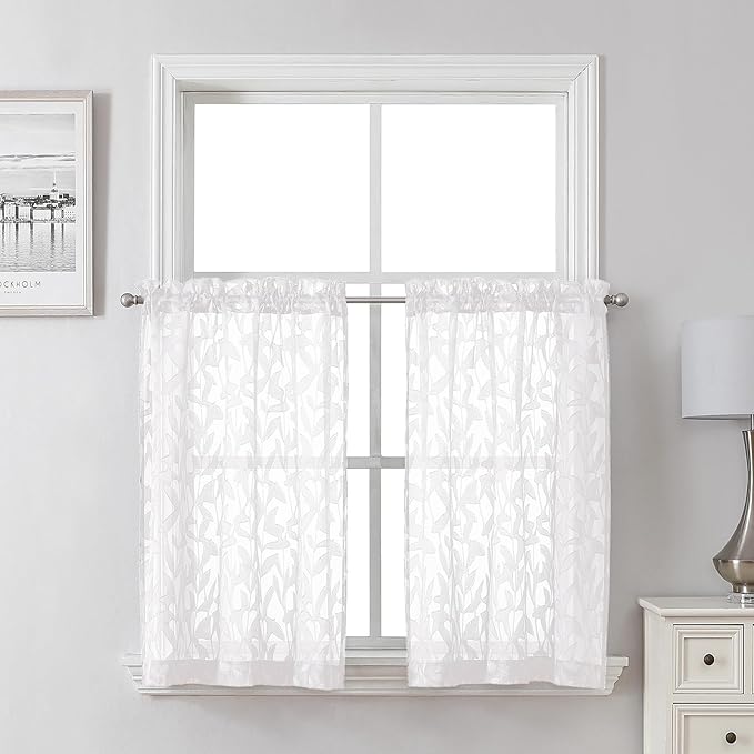 Lecloud Leia White Sheer Kitchen Curtains 30 Inch Length 2 Pcs, Jacquard Leaf Textured Voile Short Curtains with Dual Rod Pocket, Farmhouse Bedroom Living Room Tiers, Each Panel 28" W x 30" L