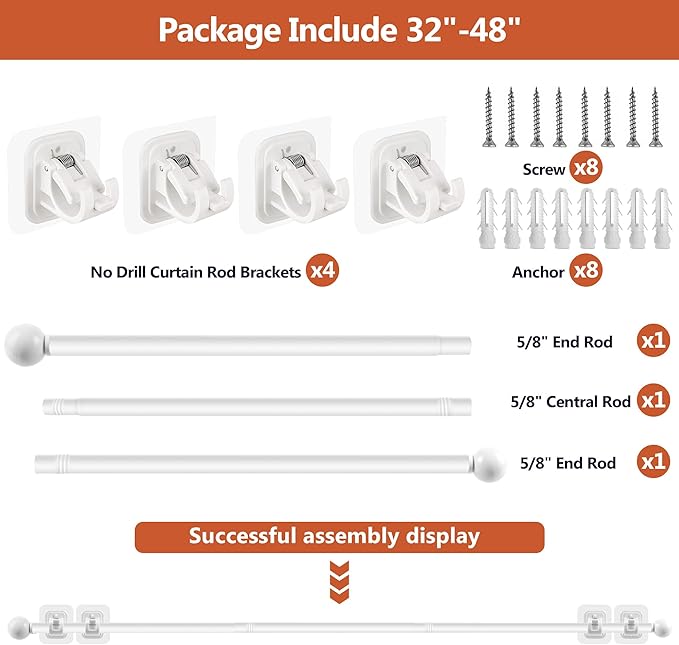 Curtain Rods No Drilling for Windows Set 30 to 45 Inch,5/8 Inch Diameter Drapey Pole with No Drill Curtain Rod Brackets,Renter Friendly Cortineros Para Ventanas with Adhesive Holder Hook (White)