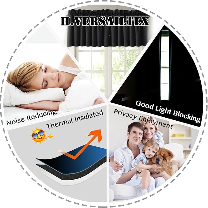 H.VERSAILTEX Blackout Valances for Window, Black Kitchen Valances Curtains for Living Room/Bedroom/Bathroom Short Window Privacy Decorative Rod Pocket 2 Packs, 52" W x 18" L, Black