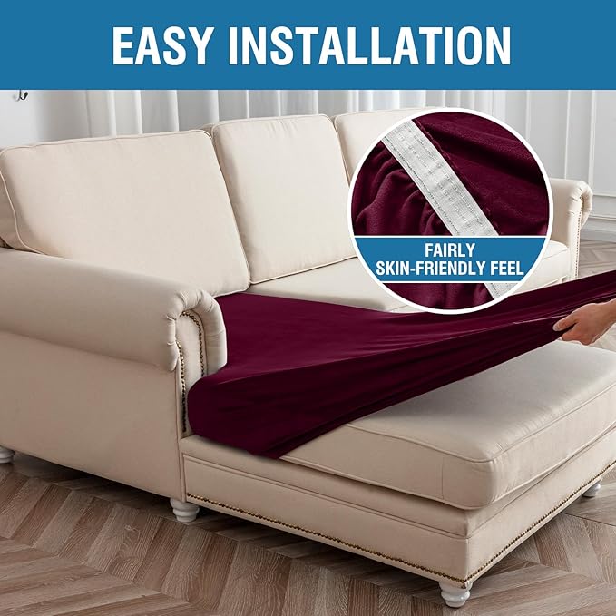 Couch Cover 4-Piece Elastic Velvet Couch Cushion Covers & Chaise Slipcovers for L-Shaped Sofas, Sofa Seat Covers Washable, Soft Cover for Couches (3 Seater + Chaise, Wine)