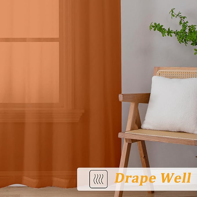 Gwine Burnt Orange Sheer Curtains 84 Inches Long 2 Panels Set for Living Room, Light Filtering Fall Curtains for Bedroom Living Room, Elegant Window Curtain Drapes, Each 42 Wx84 L