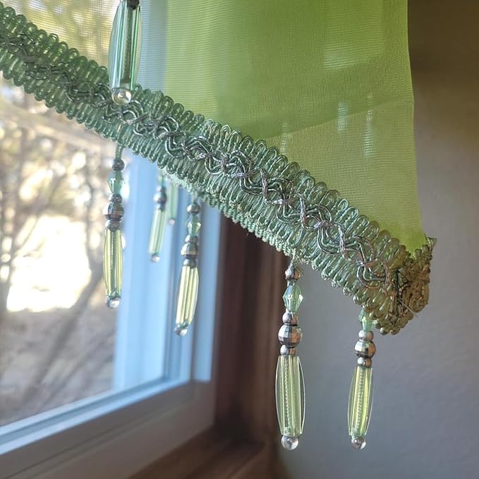 Molaxhome Swag Curtain 51 inch Length Rod Pocket Scalloped Curtain Valance Sheer Lace Panels with Hanging Crystal Beads for Kitchen Bedroom Window Treatments Drape Decor 1pc (Green, 51Wx23L)