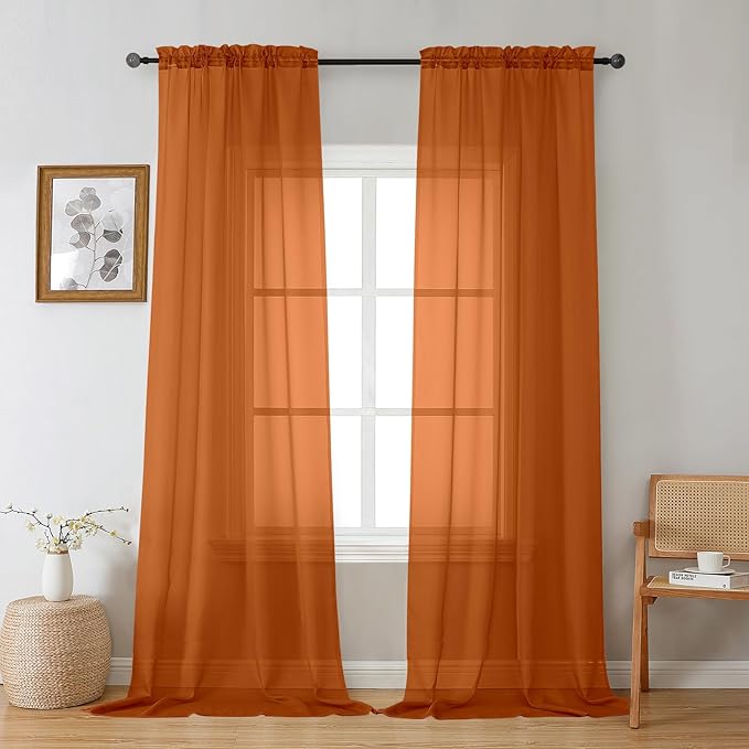 Gwine Burnt Orange Fall Sheer Curtains 96 Inches Long 2 Panels, Elegant Window Treatments Voile Curtains for Living Room, Light Filtering Rod Pocket Sheer Drapes, Each 42 Wx96 L
