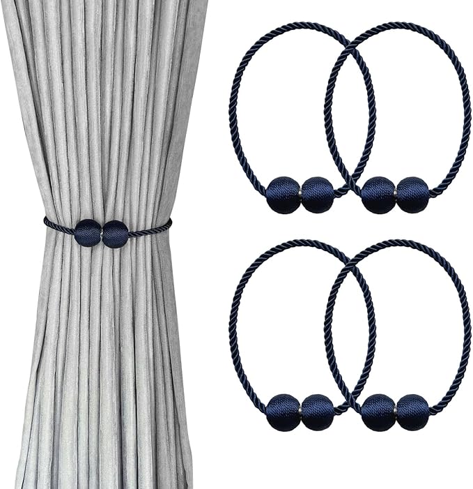 Melaluxe 4 Pack Magnetic Curtain Tiebacks, Decorative Curtain Holdbacks for Window Décor (Navy Blue)