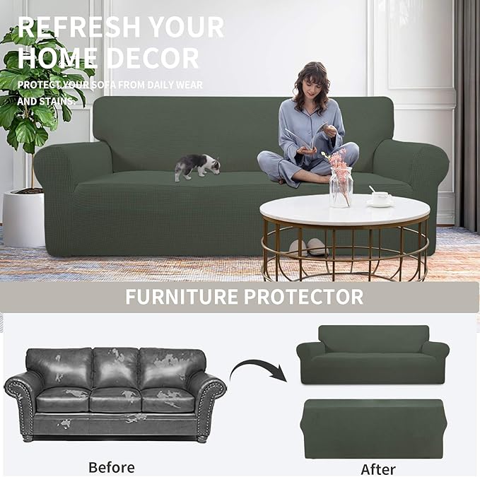 Easy-Going Stretch Oversized Sofa Slipcover 1-Piece Sofa Cover Furniture Protector Couch Soft with Elastic Bottom for Kids, Polyester Spandex Jacquard Fabric Small Checks Olive Green