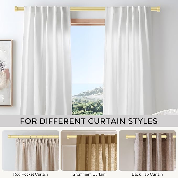 VOIIY Gold Curtain Rods for Windows 66 to 120 Inch(5.5-10 Feet),1" Diameter Drapery Rods with Modern Style End Cap Finials,Size:36-120 Inch