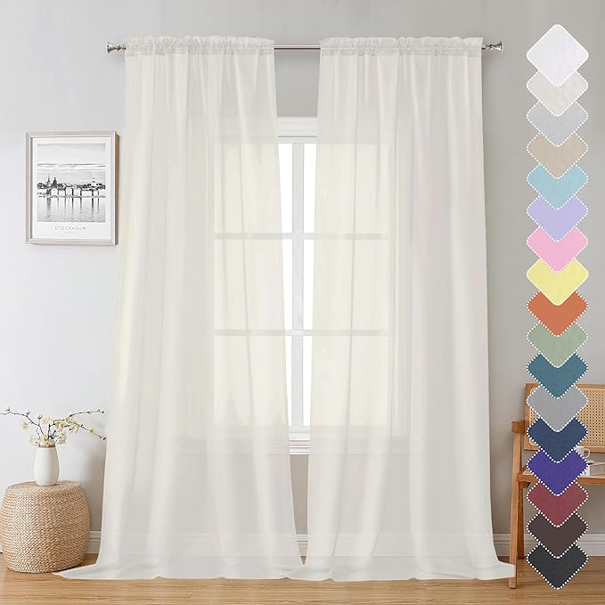 Lecloud Sheer Curtain Panels Set 96" Inches Long, Solid Voile Light Filtering Airy Curtains Window Treatment Drapes for Living Room, 2 Panels Elegant Bedroom Sheer Curtains, Ivory, 40" Wx96 L