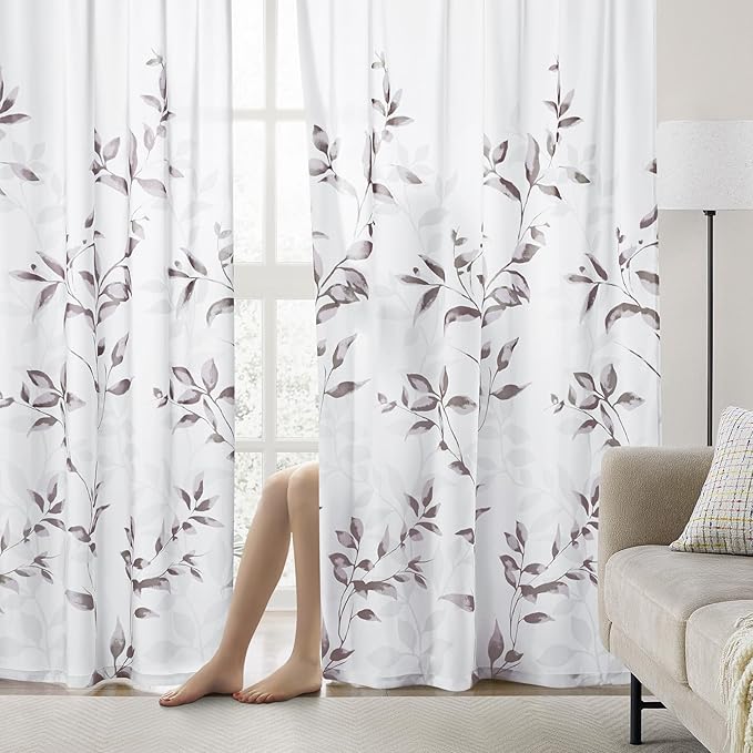 HOMEIDEAS Non-See-Through Dry Rose and White Privacy Sheer Curtains 52 X 84 Inch Length 2 Panels, Leaf Floral Printed Light Filtering Semi Sheer Window Curtains Drapes for Bedroom Living Room