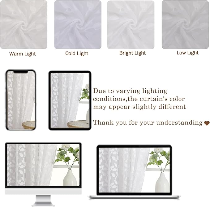 Chyhomenyc White Sheer Curtains 90 Inch Length 2 Panels Set, Light Filtering Tufted Textured Soft Airy Rod Pocket Gentle Leaf Window Treatment Drapes for Bedroom Living Room, 42" Wx90 L, 2PCS