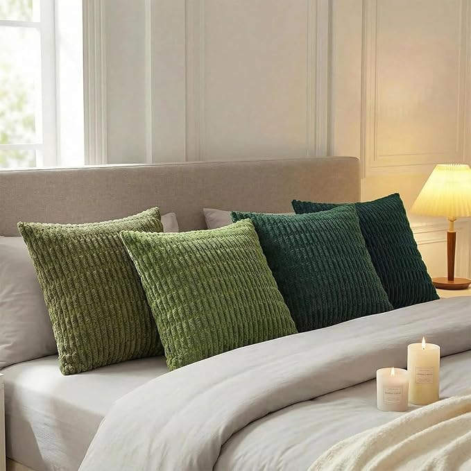 Fancy Homi Set of 4 Green Boho Spring Decorative Throw Pillow Covers 20x20 Inch for Couch Bed Sofa, Aesthetic Modern Bohemian Room Decor, Soft Fuzzy Fluffy Corduroy Textured Cushion Case 50x50cm