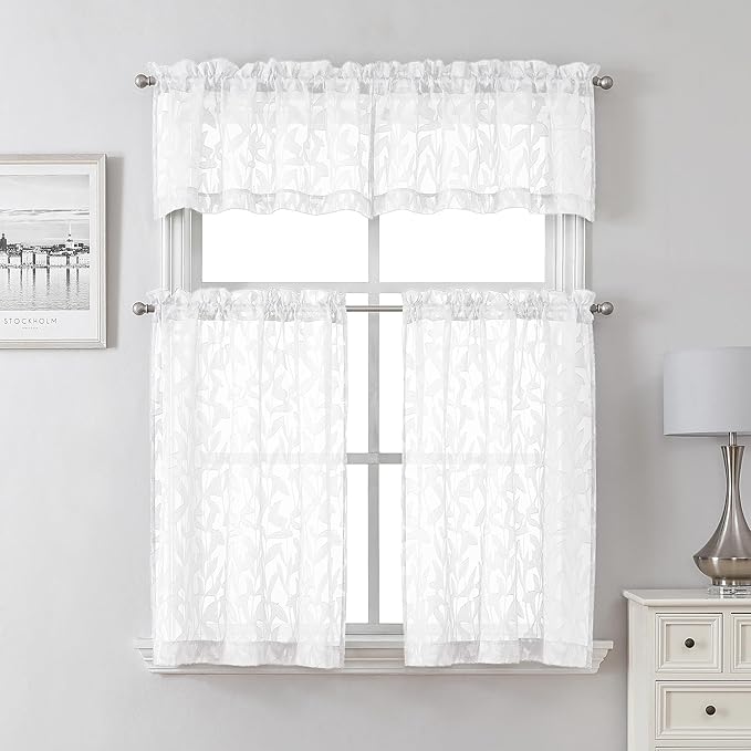 Lecloud Leia White Sheer Curtains 30 Inch Length 2 Pieces, Breathable Jacquard Texture Short Kitchen Curtains, Small Farmhouse Leaves Voile Drapes Dual Rod Pocket, 38 W x 30 L