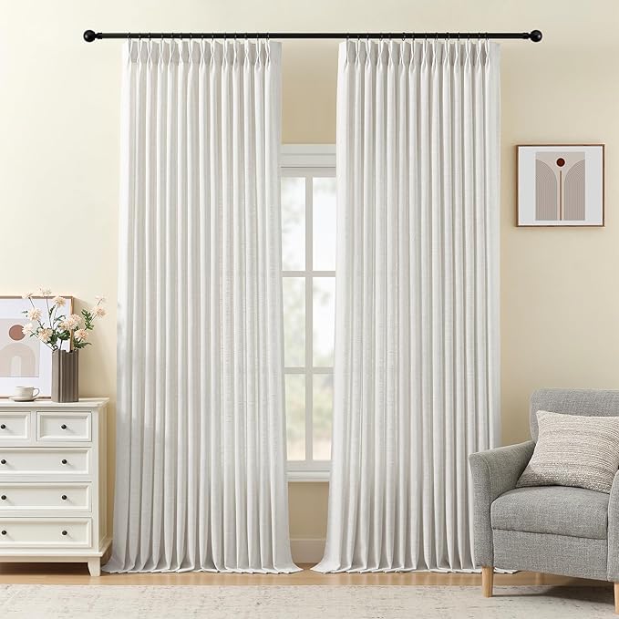 IVAPUPU Pinch Pleated Linen Curtains 102 Inches Long 2 Panels for Living Room, Light Filtering Memory Train Semi Sheer Curtain Pleated with Hooks Rings Back Tab Drapes for Bedroom, 40w, Beige White