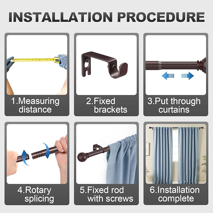 Bronze Curtain Rods for Windows with Brackets,5/8 Inch Diameter Small Curtain Rod Adjustable Set 32 to 90 Inches,Easy Install Drapery Rods