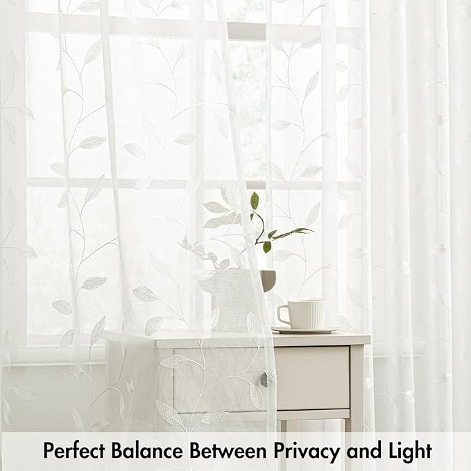 MIULEE Ivory Sheer Kitchen Curtains 30x36 Inches Length 2 Panels Embroidered Leaf Patterned Rod Pocket Floral Semi Sheer Faux Linen Short Window Curtains Drapes Set for Bathroom Cafe