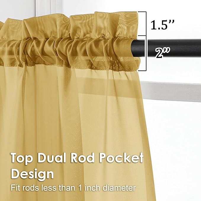 OVZME Gold Sheer Curtains 90 Inches Long 2 Panels - Soft Light Filtering Window Sheer Panels for Living Room/Bedroom, Top Dual Rod Pocket, 1 Pair, Each 42Wx90L Inches