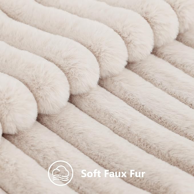 decorUhome Summer Cozy Faux Fur Throw Pillow Covers 12x20 Set of 2 Decorative Soft Plush Striped Lumbar Modern Farmhouse Boho Couch Pillow Cases with Velvet Back for Sofa Bed Living Room, Beige