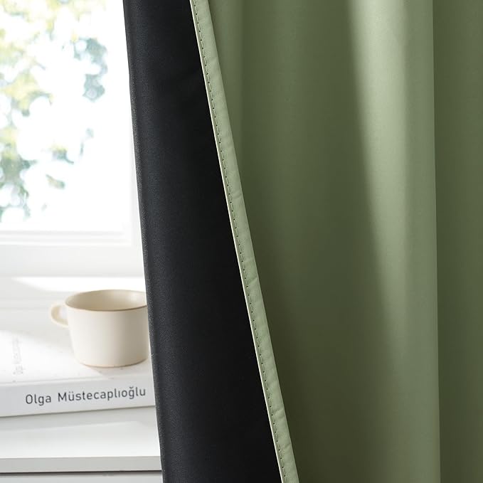 RYB HOME Bedroom Blackout Curtains 63 inches Long, 100% Blackout Thermal Insulated Noise Reducing Curtains for Living Room Nursury, 34 inches Wide by 63 inches Long, Sage Green