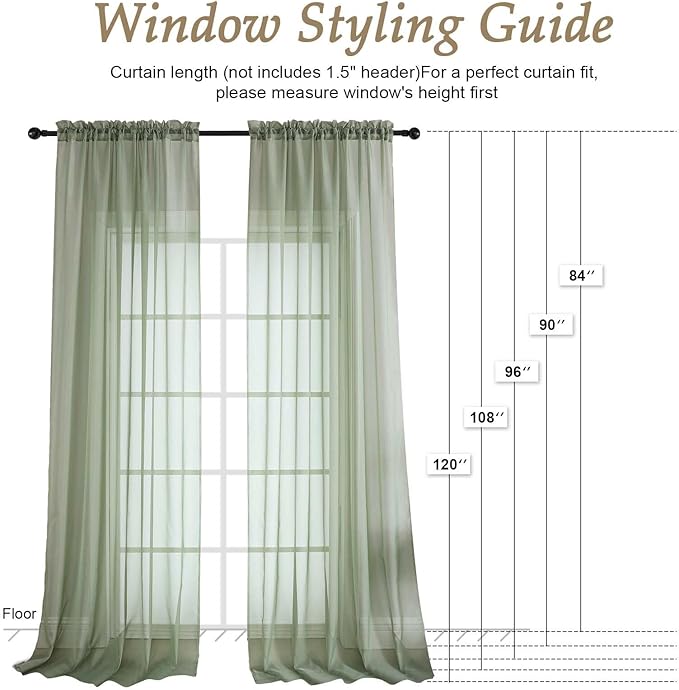 OVZME Sheer Sage Green Curtains 108 Inches Long 2 Panels Set, 59 Inch Extra Wide Lightweight Airy Sage Green Sheer Curtain for Living Room Bedroom, Filmy Voile Rod Pocket, 59Wx108L Inches