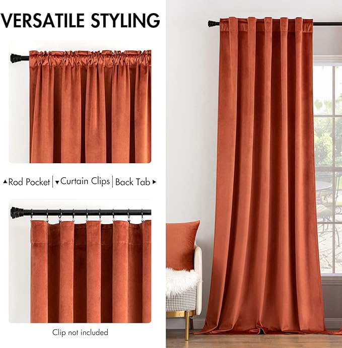 MIULEE Velvet Curtains 108 inches Long 2 Panels - Luxury Burnt Orange Curtains for Bedroom Living Room Thermal Insulated Super Soft Window Drapes Rod Pocket & Back Tab, Terracotta Rust Fall Decor