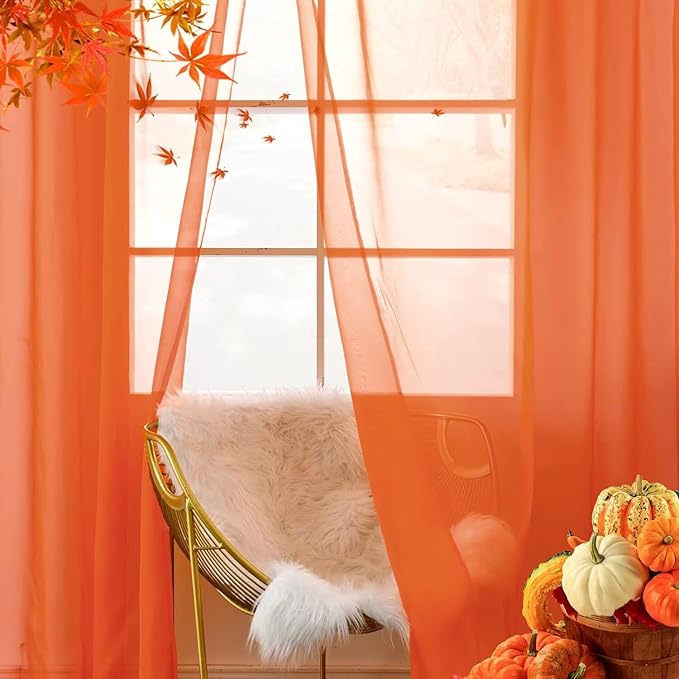 youleyar Solid Sheer Rod Pocket Curtain Voile Draperies 2 Panels White Beige Black Grey Coffee 52 Inch Width 45 Inch Long 1 Pair for Kitchen Bedroom Children Living Room Yard (Burnt Orange,52Wｘ45L)