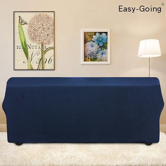 Easy-Going Stretch 4 Seater Sofa Slipcover 1-Piece Sofa Cover Furniture Protector Couch Soft with Elastic Bottom for Kids, Polyester Spandex Jacquard Fabric Small Checks Navy