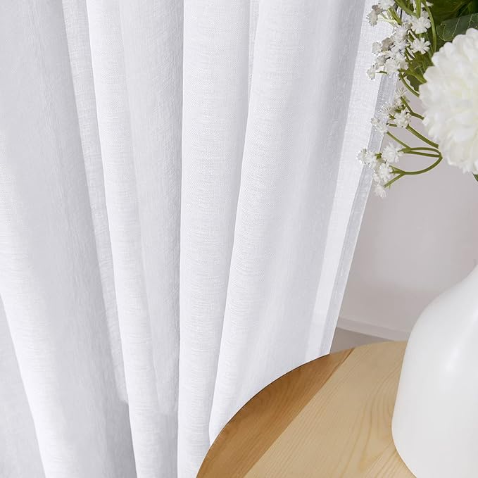 Tollpiz Sheer Curtain Linen Textured Living Room Curtains Sheer Light Filtering Rod Pocket Voile Curtain for Bedroom, 54 x 72 inches Long, White, Set of 2 Panels