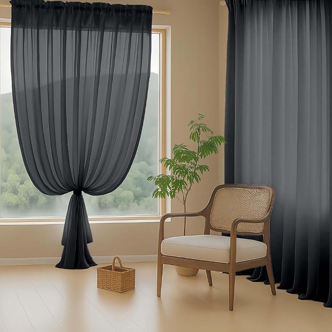 Black Sheer Curtains 216 Inches Long, Extra Long Elegant Light Filtering Voile Sheer Scarf Curtains for Wedding Party Ceremony Canopy Decor, Rod Pocket Window Drapes, 2x42Wx216L Inches