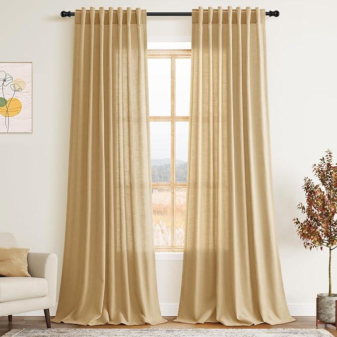 Gold Yellow Linen Curtains 102 Inches Long Rod Pocket Back Tab Drapes 2 Panels Set for Living Room Sheer Light Filtering Semi Sheer Gold Yellow Curtain 102 Length for Patio Sliding Glass Door 52x102