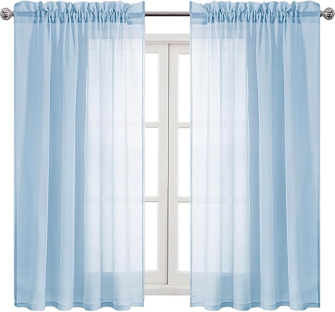 DWCN Sky Blue Sheer Curtains Semi Transparent Voile Rod Pocket Curtains for Bedroom and Living Room, 52 x 45 inches Long, Set of 2 Panels